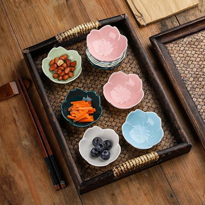 WHJY Dark Green Cherry Blossom Dish Set, Cute Pink Ceramic Plates, Sauce/Seasoning Dish, Sushi Dishes, Soy Dipping Bowl, Dessert, Appetizer Plates, Serving Dish for Kitchen Home – Set of 5