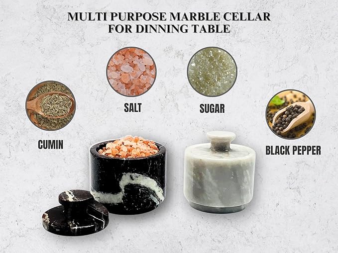 Premium Marble Salt Cellar with Lid 2 Pack | 3.5 oz Kitchen Storage Container | Elegant Cooking Salt Box | Spice Jar Keeper for Counter (White Black Zebra)