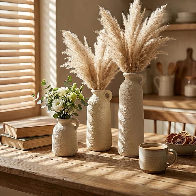 Rustic White Ceramic Vase Set, Flower Vases for Home Decoration, Farmhouse Decor, Living Room Kitchen Table Centerpieces, Shelf, Mantel, Fireplace and Entrance Decorations