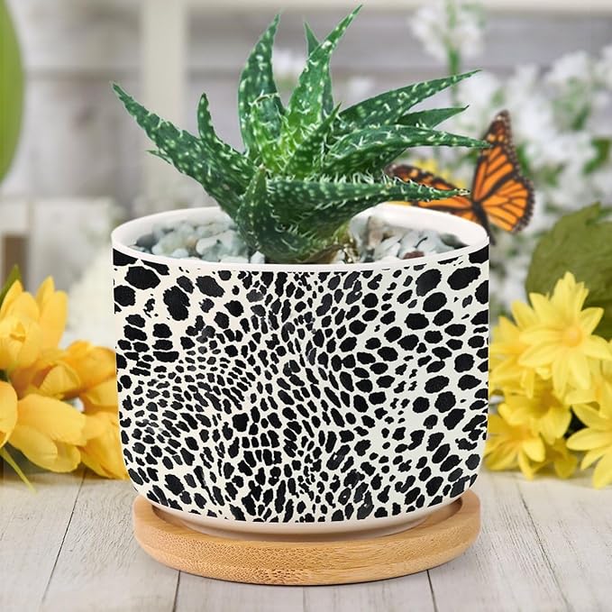 DreamAutumn Black and White Cheetah Leopard Print Animal Skin Pattern Ceramic Pots for Plants with Drainage Holes Round Flower Pot Bamboo Tray Orchid Pot Succulents Pots for Outdoor Indoor Plants