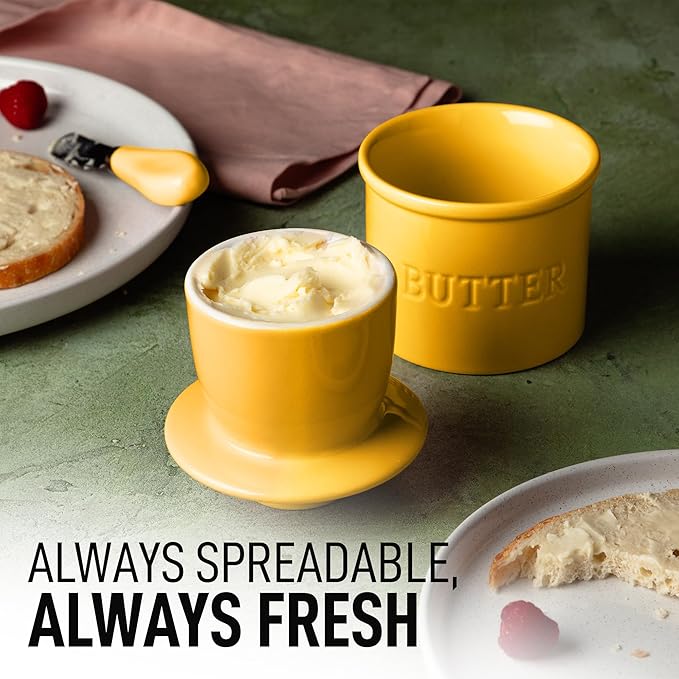 Zulay Kitchen Bell Shaped Butter Crock with Lid for Countertop with Water Line & Spreader Knife, Ceramic French Butter Dish Keeper For Fresh, Soft & Spreadable Butter - Yellow