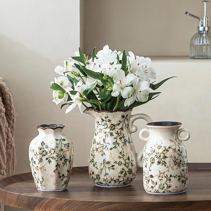 Ceramic Vases Set of 3, Green & Beige Chinoiserie Flower Pitcher Vase, Farmhouse Vintage Floral Vase Home Decor for Mantle, Fireplace, Kitchen Counter, Living Room Bookshelf Rustic Table Centerpiece