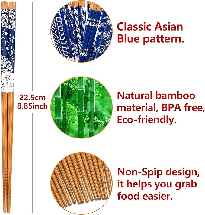 10 Pairs Reusable Bamboo Chopsticks, Blue White Pattern Natural Bamboo Wood Chopsticks, 8.8Inch/22.5cm Polybag packing by LANHUTHS