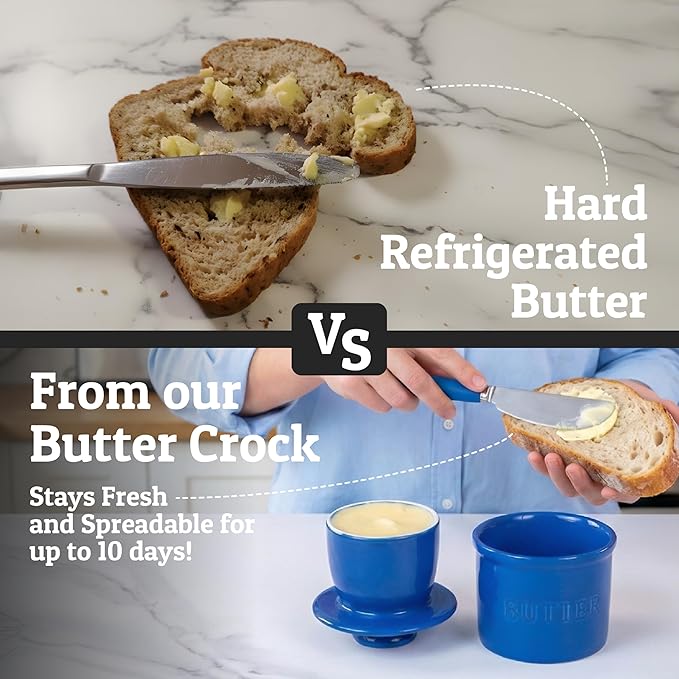 PriorityChef Butter Crock with Lid with Water Line, Ceramic French Butter Dish to Leave On Counter, Dark Blue