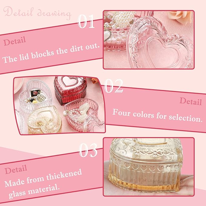WHJY Glass Jewelry Box for Girls Heart Shaped Container with Lids Small Decorative Trinket Organizer for Vanity Room Decor Crystal Yellow Storage Jar for Rings Earrings Necklaces