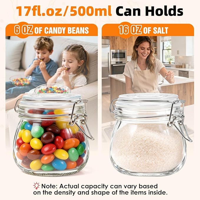 SKOCHE 6 Pack Glass Jars with Airtight Lid 17 oz, Small Air Tight Glass Storage Jar, Pickling Jar, Leakproof Canister Jars with Silicone Seal for Kitchen Canning, Food Storage, Jam, Mason jars