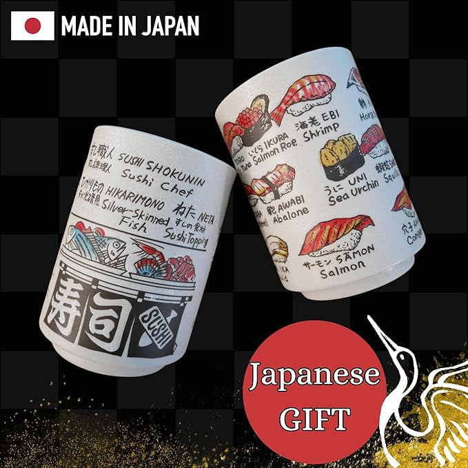 Japanese Tea Cups Sushi-Yunomi Mino Ware With Bamboo Coaster (Set of 2) (Sushi Chef)