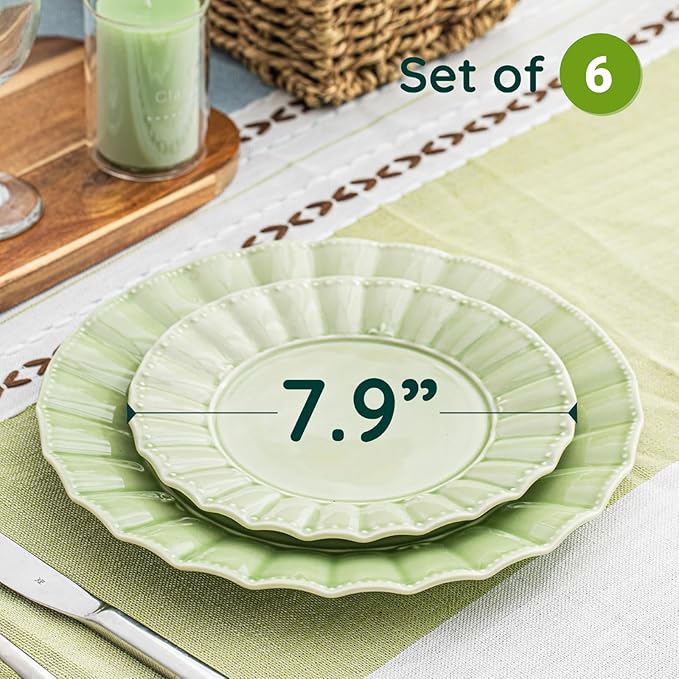 HOMBENE Dessert Plates 8 Inches Set for 6 Ceramic Serving Plates, Plates for Cake Waffles,Wavy Style, Snacks, Pasta, Noodle,Dinner, Microwave & Dishwasher Safe (Mint Glow Green)