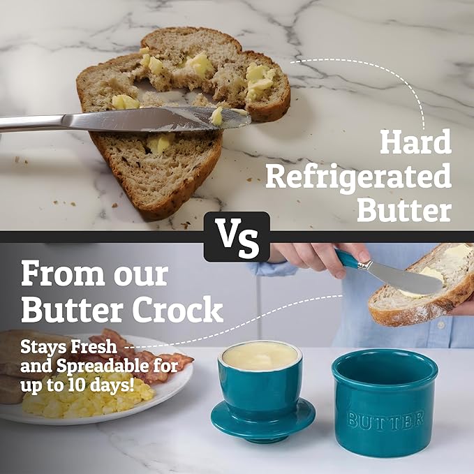 PriorityChef Butter Crock with Lid with Water Line,Ceramic French Butter Dish to Leave On Counter, Teal Blue