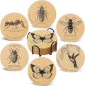 Coasters Insects for Drinks with Holder Set of 6, Butterfly Cork Coaster Absorbent for Cup Entomology Office Desk Table Coasters Kitchen Decor House Warming Gifts for New Home Couples, Round 4"