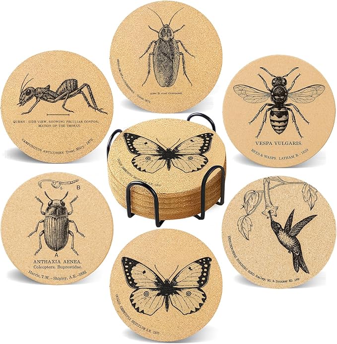 Coasters Insects for Drinks with Holder Set of 6, Butterfly Cork Coaster Absorbent for Cup Entomology Office Desk Table Coasters Kitchen Decor House Warming Gifts for New Home Couples, Round 4"