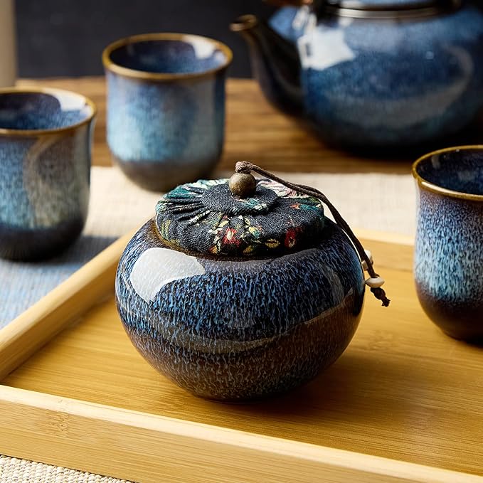 DUJUST Japanese Tea Canister, Kiln Altered Glaze Ceramic Tea Container with a Sealing Lid, Storage Jar for Loose Tea, Unique Tea Gift for Adults/Tea Lovers/Women/Men, Blue