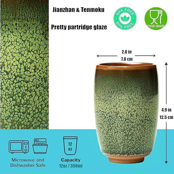 Porcelain Coffee Mug 12 oz, Brilliant Floral Glaze Jianzhan Tenmoku Tea Cup, Handmade Cylindrical Ceramic Mug with no Handles for Coffee, Beer and Tea (Partridge Glaze)
