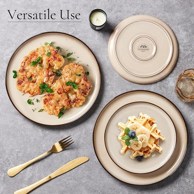 E-far 8” Ceramic Salad Plates Set of 6, Reactive Glaze Stoneware Dishes, Round Dessert Plate for Home Kitchen Restaurant, Microwave & Dishwasher Safe – Sandy Beige