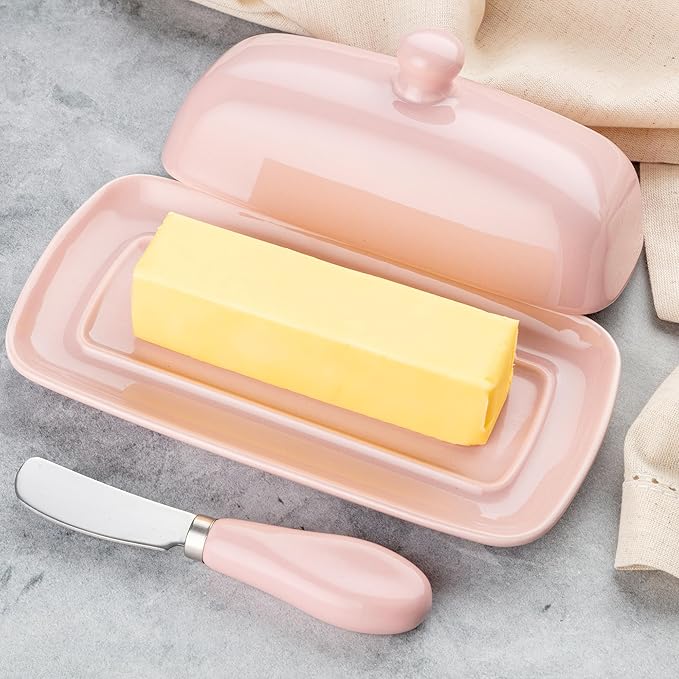 Zulay Butter Dish With Lid For Countertop - Porcelain Pink, Ceramic Butter Dish with Knob Handle Great for Cooking - Elegant Design Butter Holder - Durable & Sturdy Butter Keeper - Pink