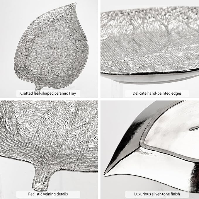 Oversized Leaf-Shaped Ceramic Jewelry Tray, 12.6" Large Decorative Tray Silver Vanity Trays for Rings, Necklaces, Keys, Gifts for Mom, Coffee Table Decor, Entryway Table Trays, 1 Pack