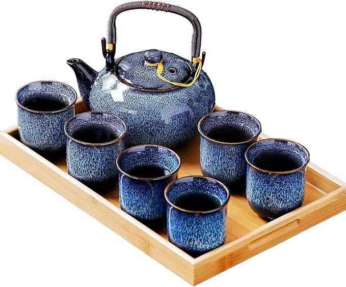 Traditional Japanese tea set, Kiln altered glaze Porcelain tea set with 1 teapot (23.5oz/700ml), 6 teacups (4oz/120ml), 1 Tea Tray,Japanese teapot set, Asian tea sets (Kiln altered Blue)