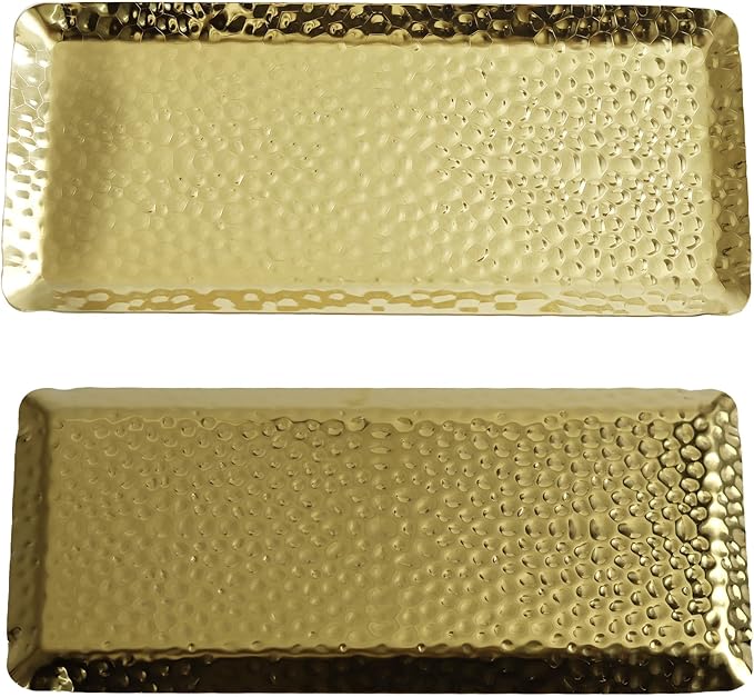 10x4inch Hammered Rectangular Tray, Stainless Steel Decorative Serving Tray, Gold Platter for Kitchen, Bathroom, Bar, Vanity Storage