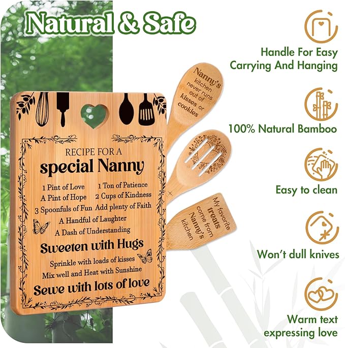 Gifts for Nanny - "Recipe for a Special Nanny" Nanny Gifts Cutting Board Set, Bamboo-Made Engraved Utensil Set Nanny Gifts for Grandma, Best Nanny Gifts