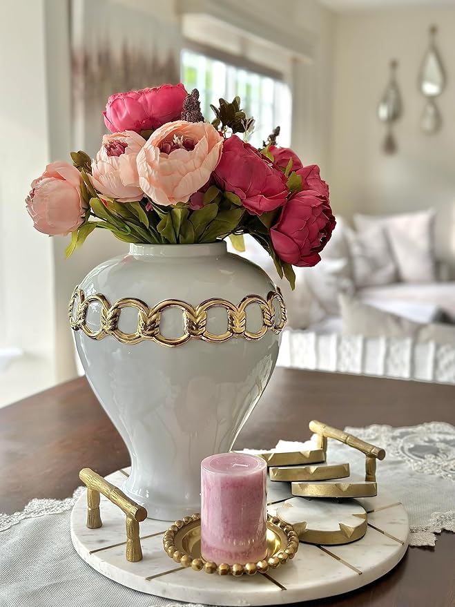 Noori Home - 100% Modern Glam Artisan Ceramic SOPH Medium White/Gold Ginger Jar Urns with Lid