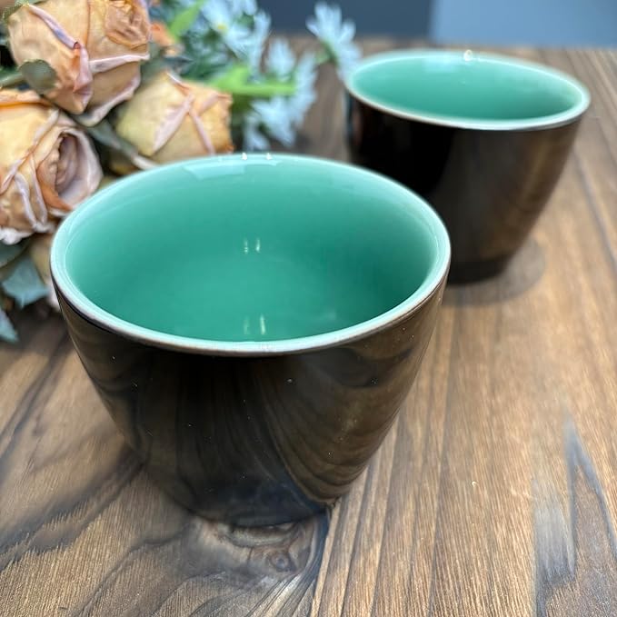 Ceramic Tea Cup, Black Exterior with Green Interior, Glossy Glaze Finish, Handleless Design, for Tea and Coffee