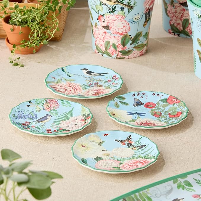 Flora Ceramic Canape Plate Set – 6-Inch Floral Appetizer Plates with Butterfly and Dragonfly Designs, Perfect for Snacks, Desserts, Hors D’oeuvres, and Entertaining
