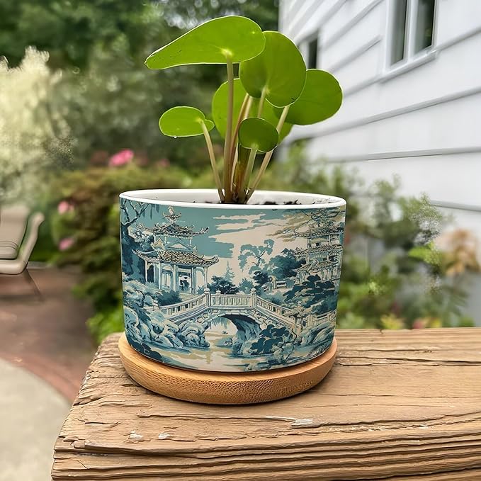 DreamAutumn Chinoiserie Blue and White Porcelain Pattern Ceramic Flower Pots,Gardening Plant Pot with Drainage Holes and Saucers Round Ceramic Pots for Indoor Plants Succulent Herbs Cactus Pots