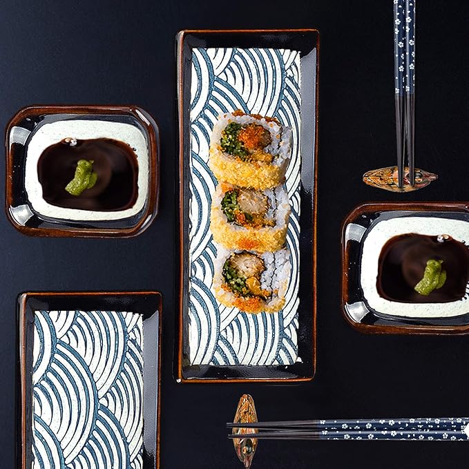 Artcome 8 Piece Japanese Style Ceramic Sushi Plate Dinnerware Set for Wedding Housewarming - 2 Sushi Plates, 2 Sauce Dishes, 2 Pairs of Chopsticks, 2 Chopsticks Holders