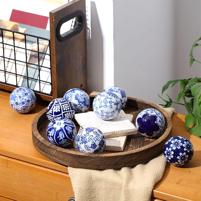 Vesici 9 Pcs Blue and White Porcelain Balls Decorative Chinoiserie Orbs for Centerpiece Bowls China Ceramic Balls Farmhouse Basket Tray Vases Decoration Gifts for Dining Table Holiday(Vintage Style)