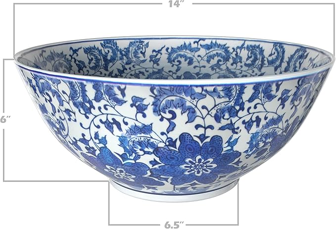 Red Lantern 14" Floral Blue & White Porcelain Bowl Vase for Centerpiece in Kitchen Dining Living Room Bedroom with Boho Eclectic Modern Contemporary Classic Traditional Style Decor