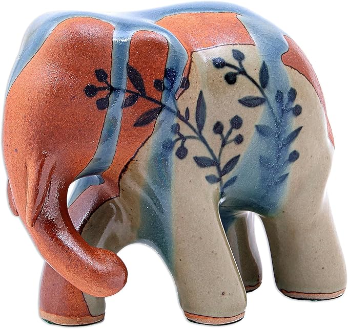 NOVICA Artisan Handmade Celadon Ceramic Sculpture Painted Elephant Multicolor Thailand Leaf Tree [4.3in H x 5.25in W x 2.7in D] ' Walkabout'