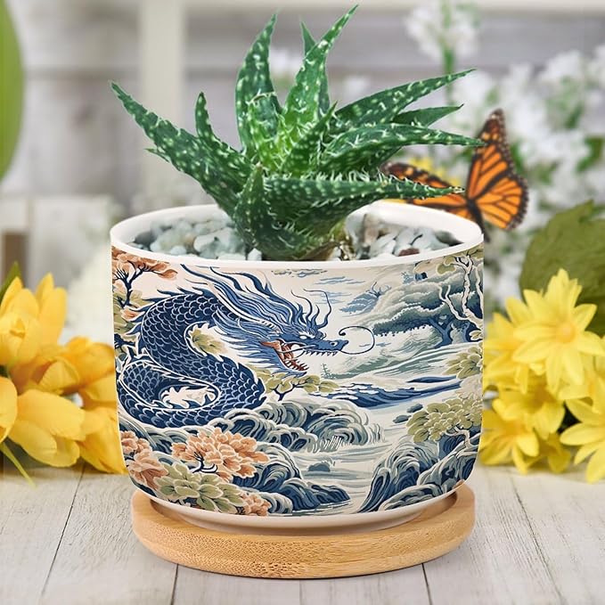 Trend Dragon and Print Ceramic Planters Chinoiserie Asian Inspired Flower Pots for Indoor Plants with Drainage Holes and Saucers Pot for Pots Outdoor Indoor Plants