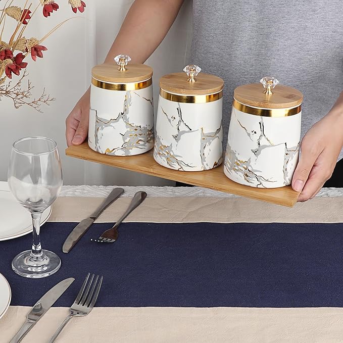 JUXYES Set of 3 Canisters Set for Sugar Coffee Tea with Airtight Lid, Ceramic Storage Containers Sets White Storage Pots with Tray Storage Jar Decorative Canisters Sets for for Kitchen Counter