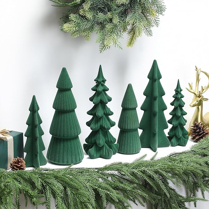 Wesiti 6 Pcs Velvet Ceramic Christmas Trees Figurines 9.84''7.49'' Large Modern Velvet Cones Tabletop Christmas Tree Figurine Green Centerpieces Table for Xmas Holiday Fireplace Farmhouse Decor