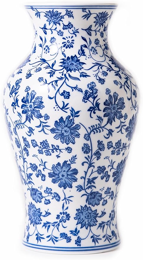 Blue and White Porcelain Décor, Blue and White Vase, Blue Vase, Chinoiserie Vase, Blue and White Ginger Jar Vase for Home Decor,Flower Vase,11" H