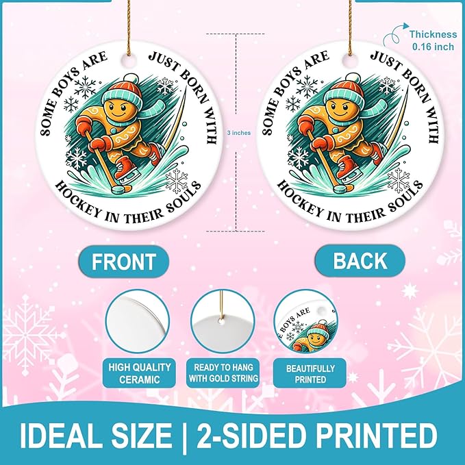 Ice Hockey Christmas Ornament -Round Ceramic 3", Holiday Tree Decoration Keepsake, Hockey Player for Boys