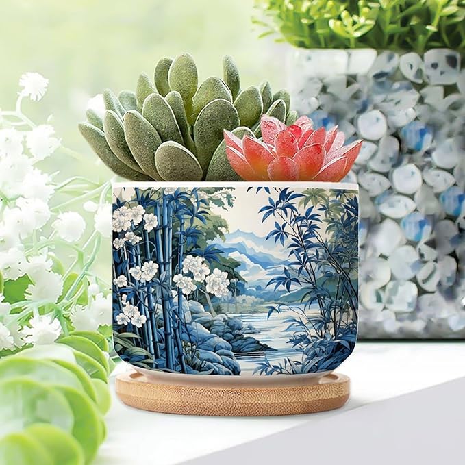 Blue and White Asian Scenery Ceramics Plant Pot Set of 2 Blue Bamboo and Flower Cactus Planter for Indoor with Drainage Holes Asian Scenery Chinoiserie Small Ceramics Pots for Plants