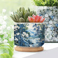 Blue and White Asian Scenery Ceramics Plant Pot Set of 1 Blue Bamboo and Flower Cactus Planter for Indoor with Drainage Holes Asian Scenery Chinoiserie Small Ceramics Pots for Plants