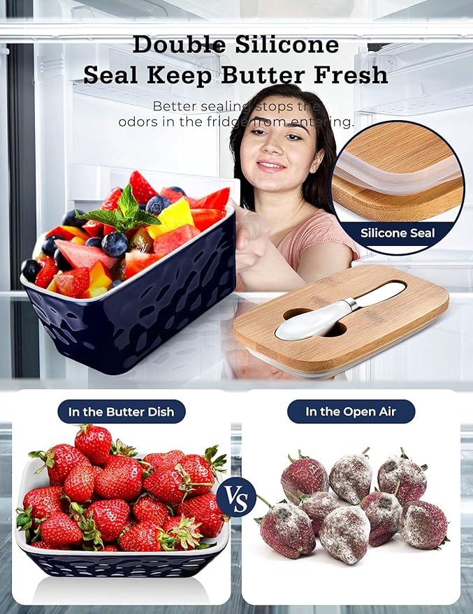Butter Dish with Lid: Large Butter Dish for Countertop - Ceramic Butter Container with Knife Double Silicone Seal - Unique Stone Butter Dishes with Covers for Farmhouse Kitchen Decor Home Decor Blue