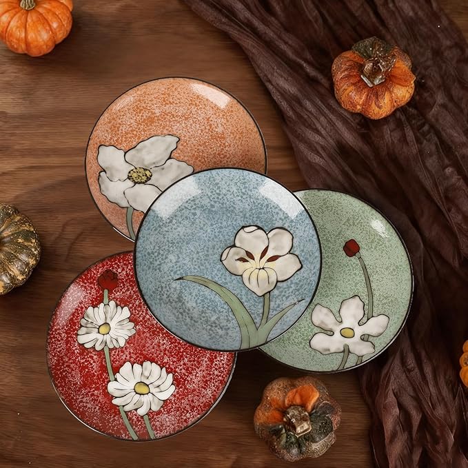 Ceramic Salad Plates Set of 4, 8.2 Inch Underglaze Painting Dessert Plates, Appetizer Plates-Microwave, Oven and Dishwasher Safe, Scratch Resistant