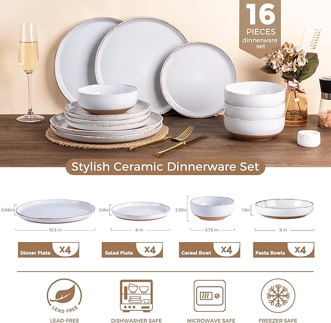 AmorArc Ceramic Dinnerware Sets with Pasta Bowls for 4, Handpainted Plates and Bowls Set with Rustic Terracotta Underside, Scratch Resistant Dishes Set, Dishwasher & Microwave Safe, 16 Pcs-White