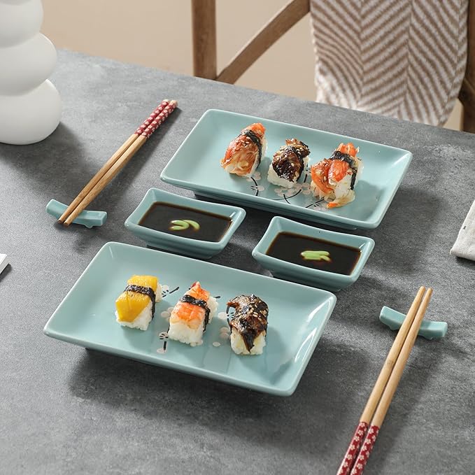 10 pcs Japanese Sushi Plate Sets Serving Platters and Trays for Entertaining Sushi Dishes Set Plates Sushi Plates Traditional Cuisine Dinnerware Sets with Chopsticks Blue Plum