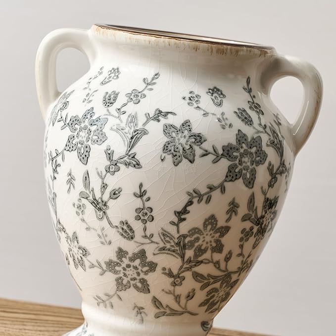 7.87 Inch Vintage Gray Chinoiserie Floral Vase, Antique Rustic Ceramic Vase for Home Decor, Living Room, Bookshelf, Office, Entryway, Garden, Chinoiserie Decor, Tuscan Decor