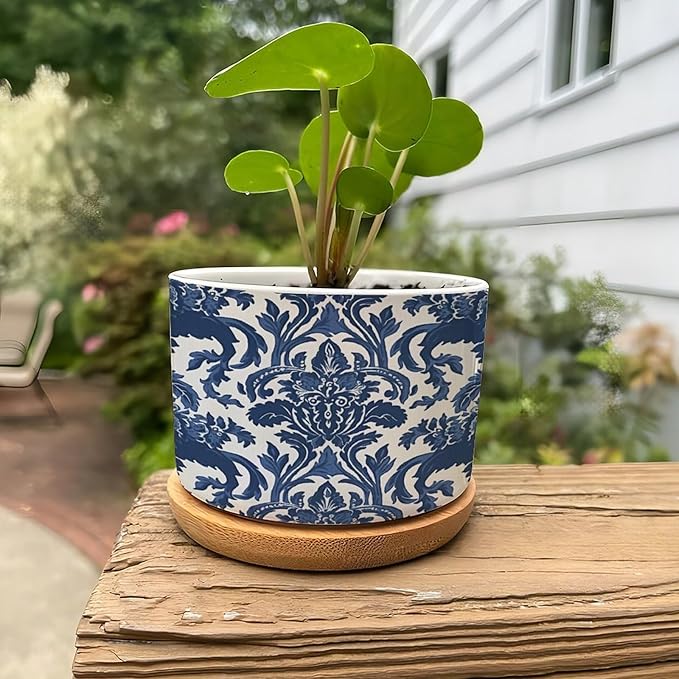 Blue Regalia Lion Ceramic Planters Chinoiserie Geometric Print Planters for Indoor Plants with Drainage Holes and Saucers Pot for Home Desktop Office Windowsill