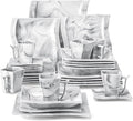 MALACASA Plates and Bowls Sets, 30 Piece Porcelain Dinnerware Sets for 6, Square Dinnerware Set with Dinner Plate, Dessert Plate, Soup Plate, Cup and Saucer, Modern Dish Set, Marble Grey, Series Flora