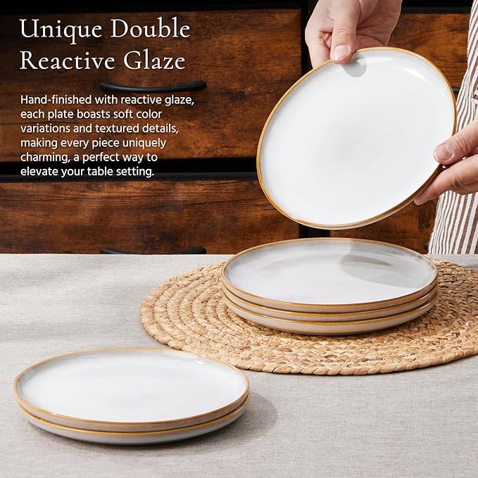 E-far 8” Ceramic Salad Plates Set of 6, Reactive Glaze Stoneware Dishes, Round Dessert Plate for Home Kitchen Restaurant, Microwave & Dishwasher Safe – Seashell White