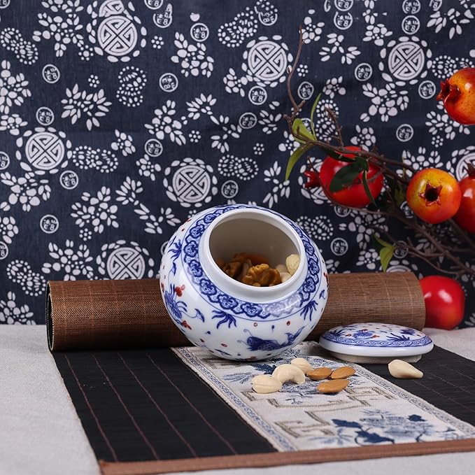 Traditional Chinoiserie Round Ginger Jars Blue and White Porcelain Series Ceramic Storage Jars with Sealed Lids,for Home/Kitchen/Dining Table Decoration (Fish Jar)
