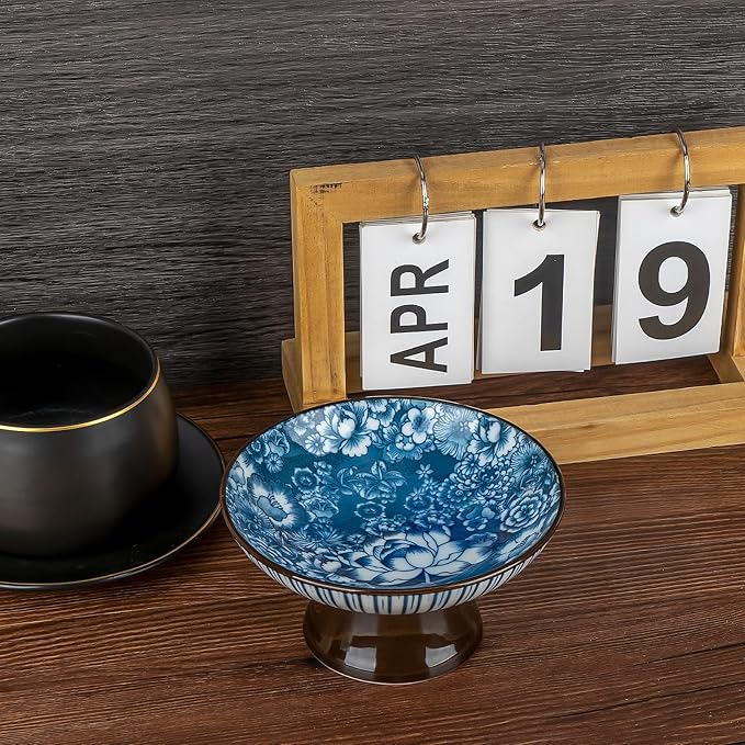 Vintage Blue and White Porcelain Tea Pastry Tray - Footed Fruit Platter, Ceramic Serving Tray, Asian Style Small Plates, Snack Dessert Nut Bowls, Japanese Chinese Phoenix Design