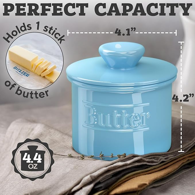 Premium Butter Crock with Lid - Original Design French Butter Dish - Beautiful Ceramic Butter Keeper for Counter with Water Line - Perfect to Keep Butter Soft and Spreadable - Light Blue