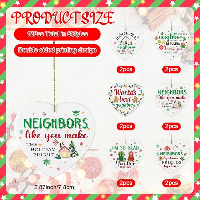 12 Set Neighbor Gifts Ceramic Christmas Best Neighbor Ornament Gift with Rope Xmas Tree Decorations Heart-Shaped Hanging Housewarming Gift for Neighbors Appreciation